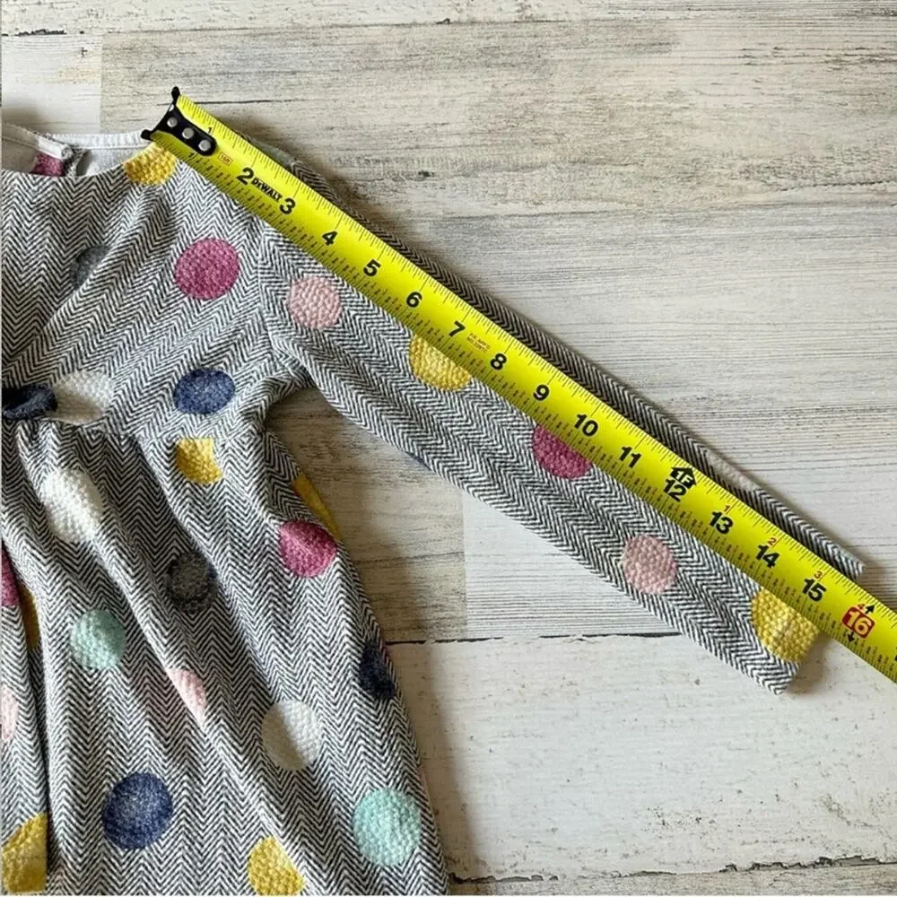 🍁 Zara Girls 6-9M Herringbone Polka Dot Lightweight Long Sleeve Dress Grey White